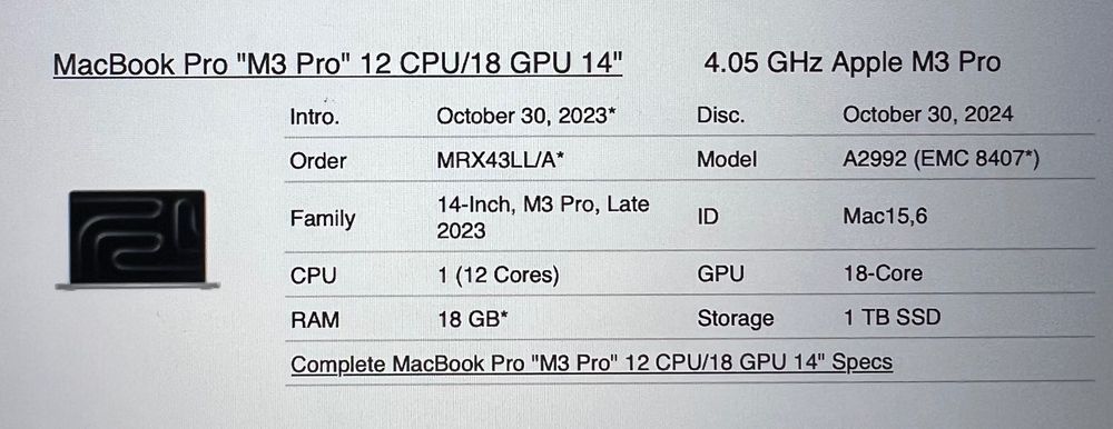 14 inch, MacBook Pro M3 Pro, 18Gb, 1TB.