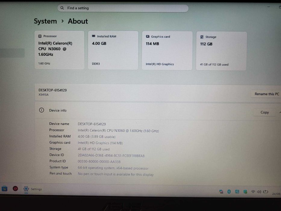 Laptop 15.6" ASUS Vivobook Max F541SA-XO198D Intel® Celeron® N3060 4 GB DDR3 120 GB SSD W11Pro Silver