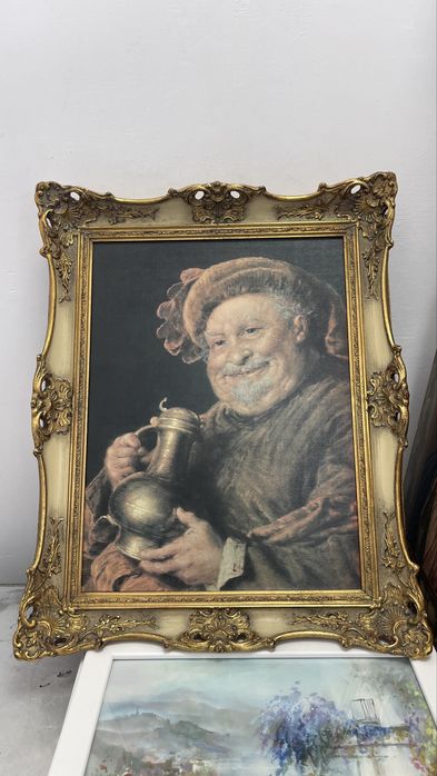 Tablou vintage pictat manual pe pânză, ramă aurie sculptată