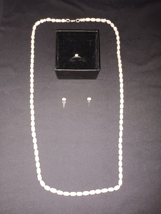 Set perle lanț +cercei +inel cu piatră inox calitate 1