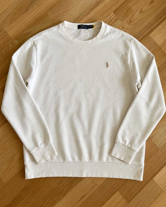 Bluză sweatshirt Polo Ralph Lauren alb ivoire, 100% bumbac, logo brodat, mărimea XL