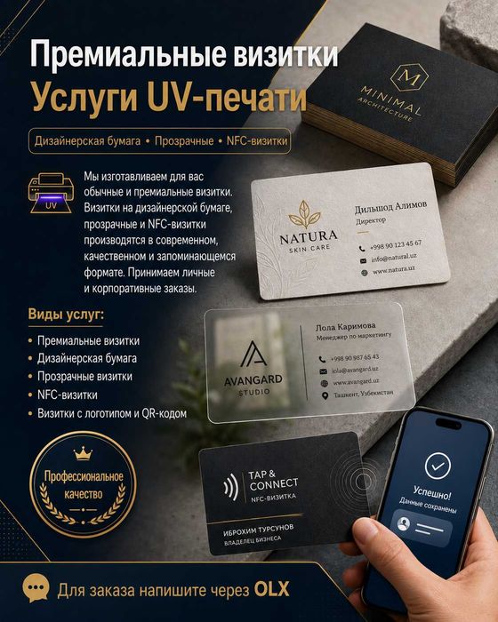 Vizitka tayyorlash — UV print | Logotipli premium vizitkalar