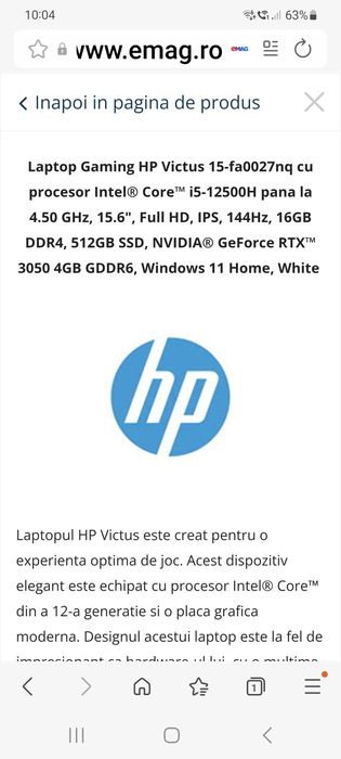 Laptop HP Victus alb cu sistem Windows 11