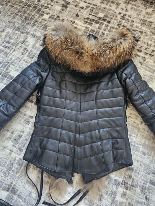 Дамско яке естествена кожа и естествен пух