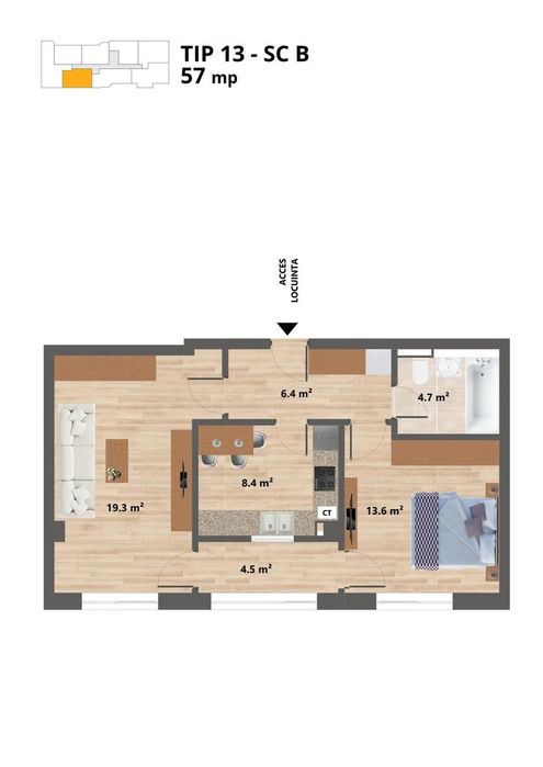 Sun Residence -- Apartament 2 camere - TIP 13 - 57 Mp - Proiect NOU -