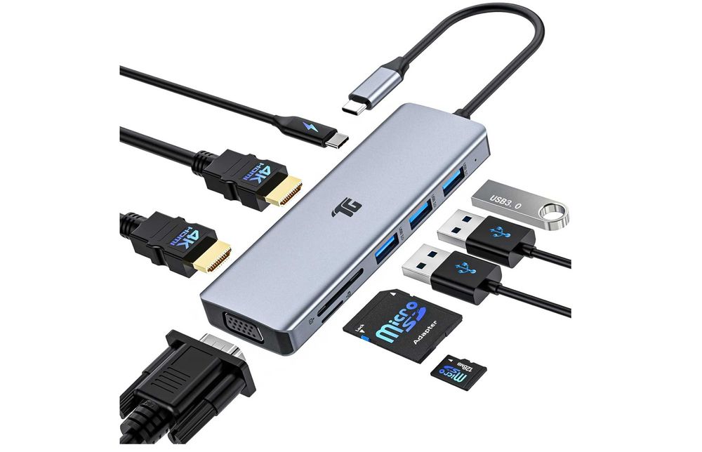 USB C Hub, 9 In 1 Triple Display, Collage Display with 2 4K HDMI, +VGA