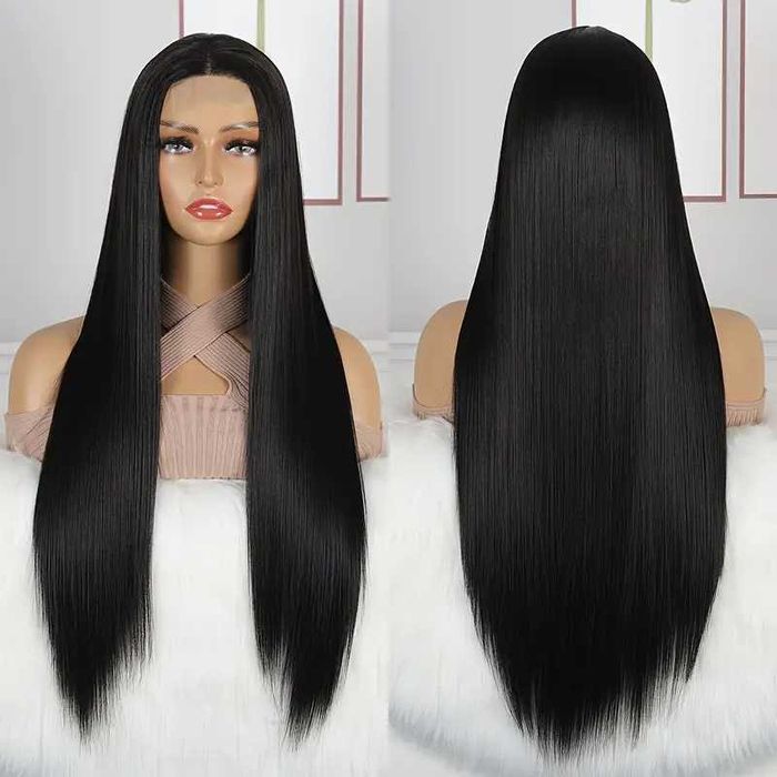 Черна синтетична 80 см права плътна перука с дантела 1X4 T-Part на път