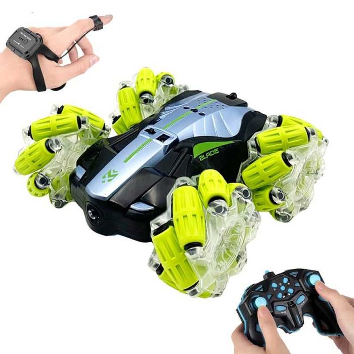 Каскадьорска кола с дистанционно управление AiJH, LED, музика, Зелена