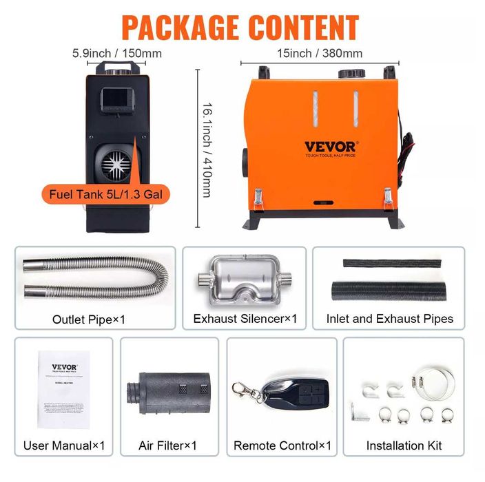 Дизелова суха печка / вертикална Марка: VEVOR  5-8 kW - 12/24 V