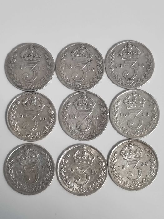 Lot 9 monede Anglia Marea Britanie 9x 3 pence 1912-1920 argint