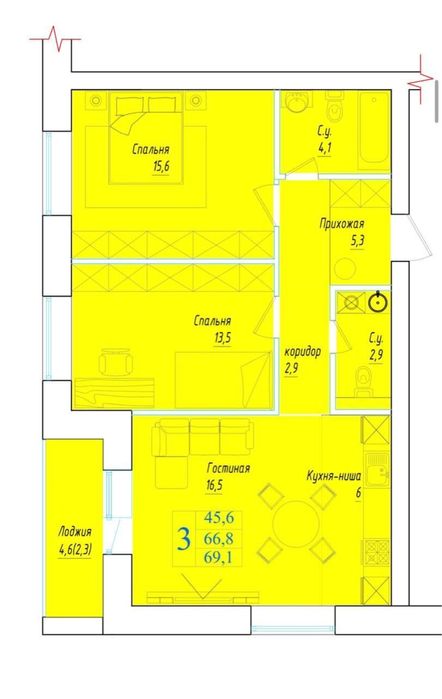 Евро трехкомнатная комната