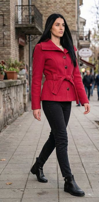 Червено късо палто с колан размер М