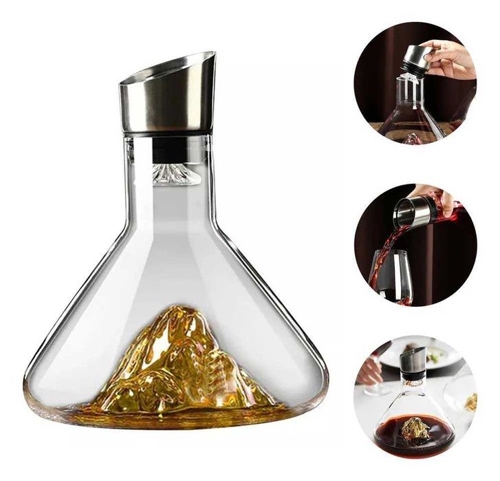 Стъклен декантер за вино с релефно дъно планински връх