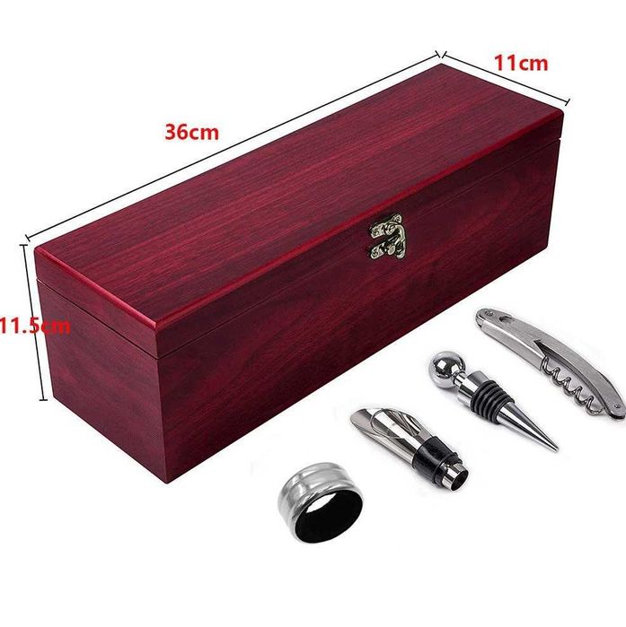 Луксозна Дървена Кутия за Бутилка Вино с Аксесоари.Тирбушон Ринг Тапа Улей за Вино.Сет за Вино.Стилен Подарък за Мъж и Жена.Елегантен Комплект за Вино