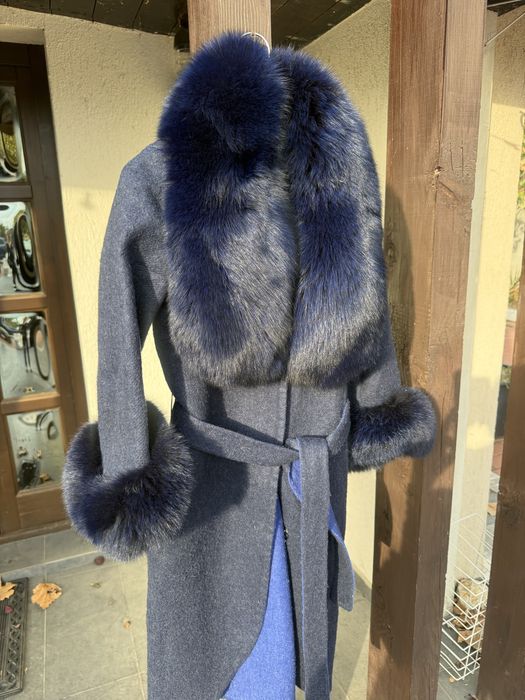 Palton alpaca cu guler blana naturala de vulpe,marimea S