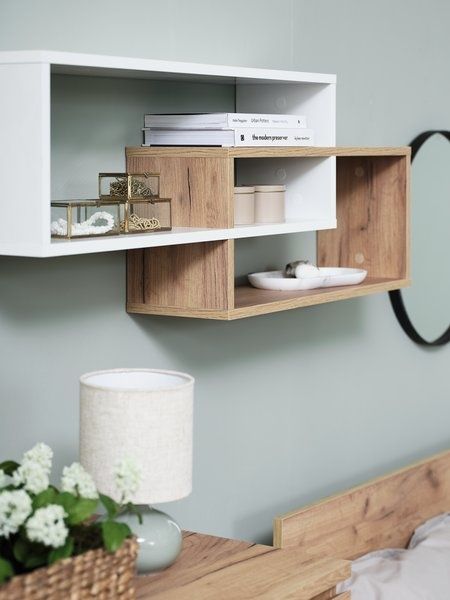110см! Голяма стенна етажерка в цвят дъб и бяло
