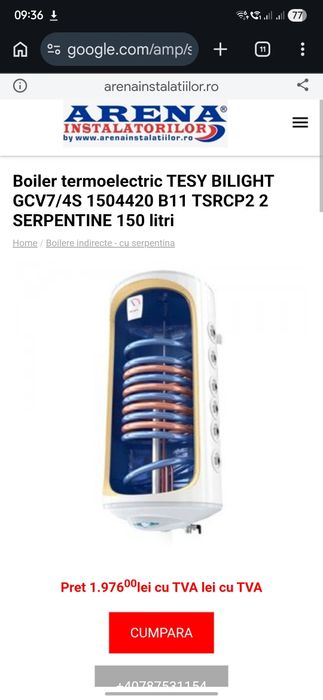 Boiler termoelectric TESY BILIGHT Turbolator cu dubla serpentina