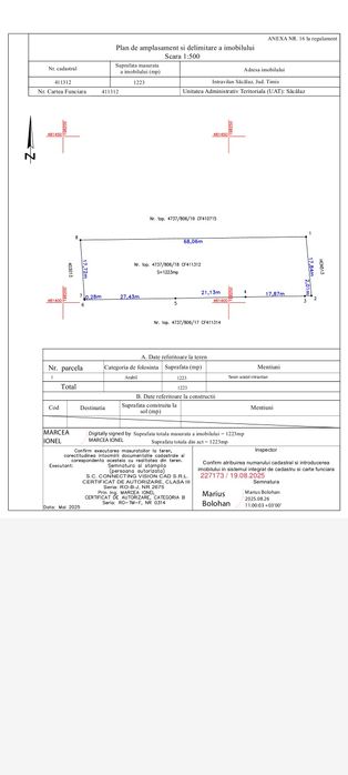 Teren intravilan Sacalaz direct de la proprietar in vatra veche 1223m