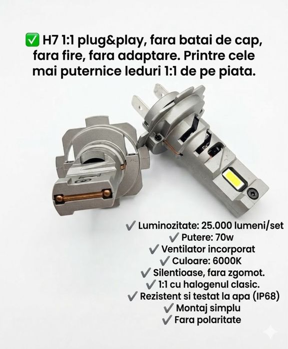 Bec LED H7 1:1 cu halogenul, fara polaritate, certificari CE, RoHS
