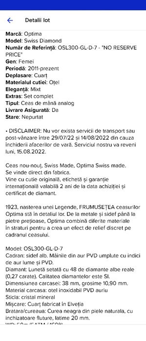 Ceas Optima quartz placat cu aur și diamante