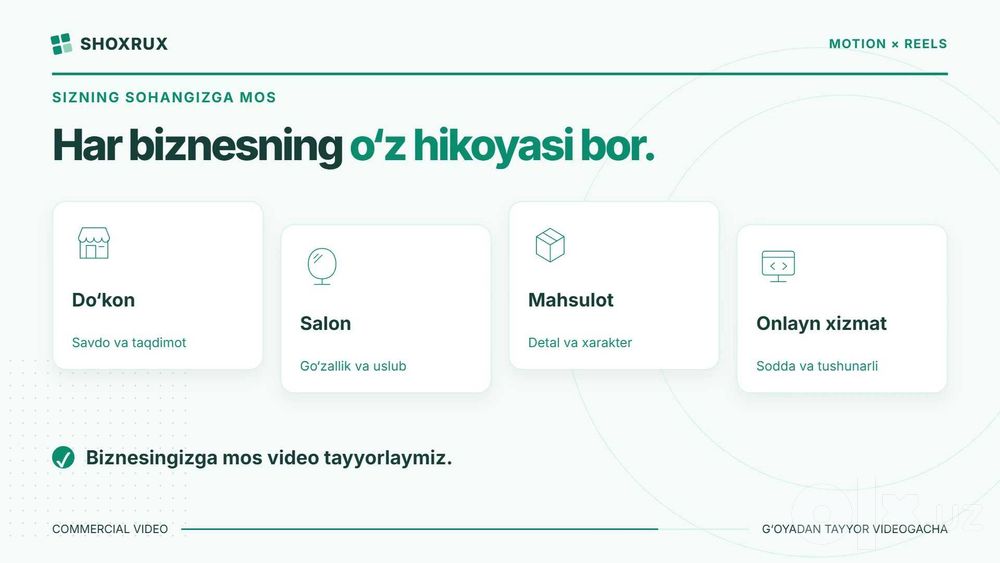 Biznes uchun reklama video: Reels, motion dizayn va syomka