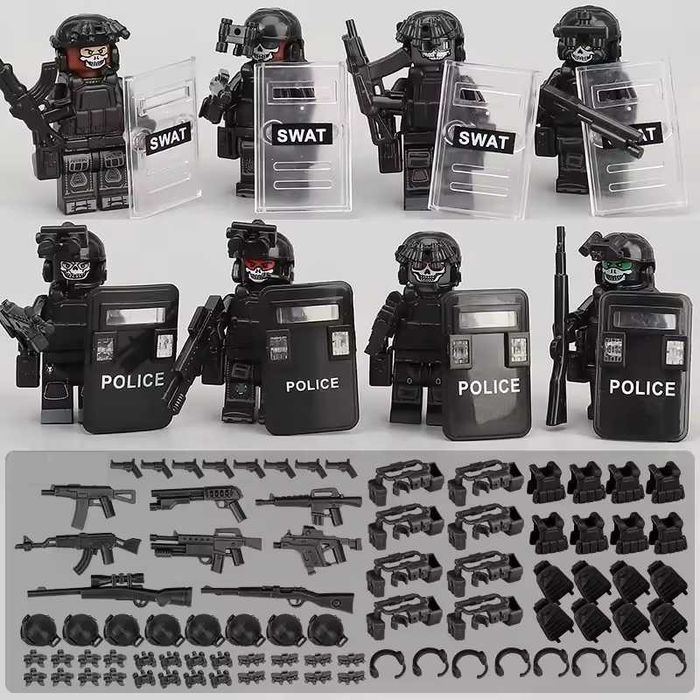 Set 8 Minifigurine tip Lego SWAT cu Scuturi si Camuflaj (4 modele)
