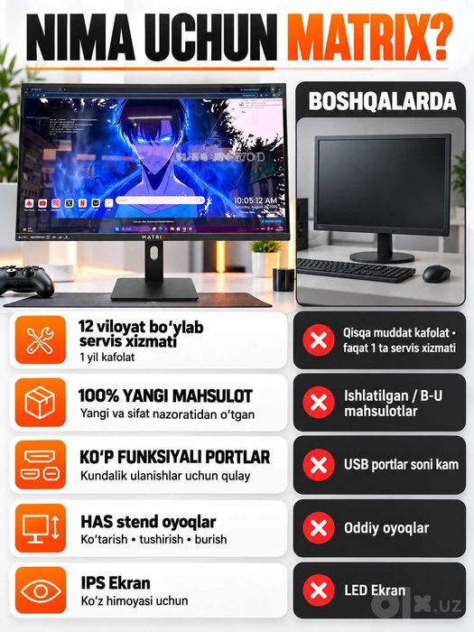 Monitor MATRIX 27″ 240Hz Full HD, gaming va ofis uchun ideal tanlov