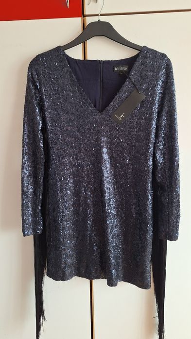 Rochie de seara, bleumarin, paietee si franjuri