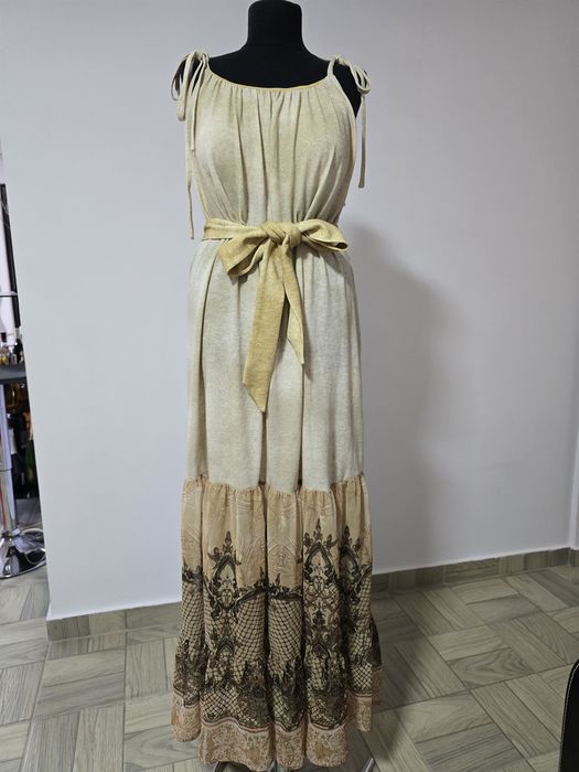Rochie lunga din bumbac cu volane din sifon, cordon in talie