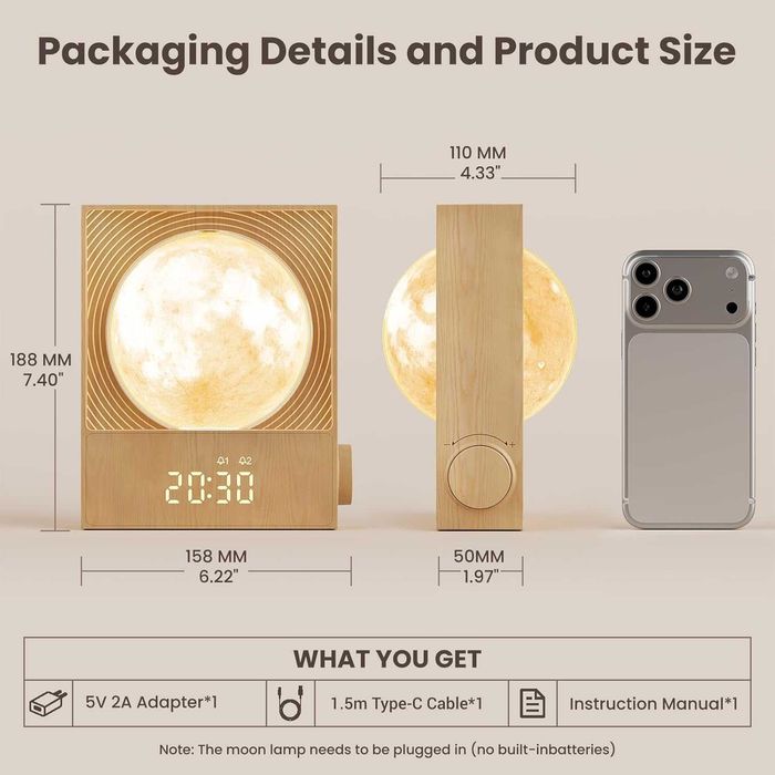 Lampa Luna Rotativa cu Alarma Sunrise Ceas Digital RGB Sunete Natura