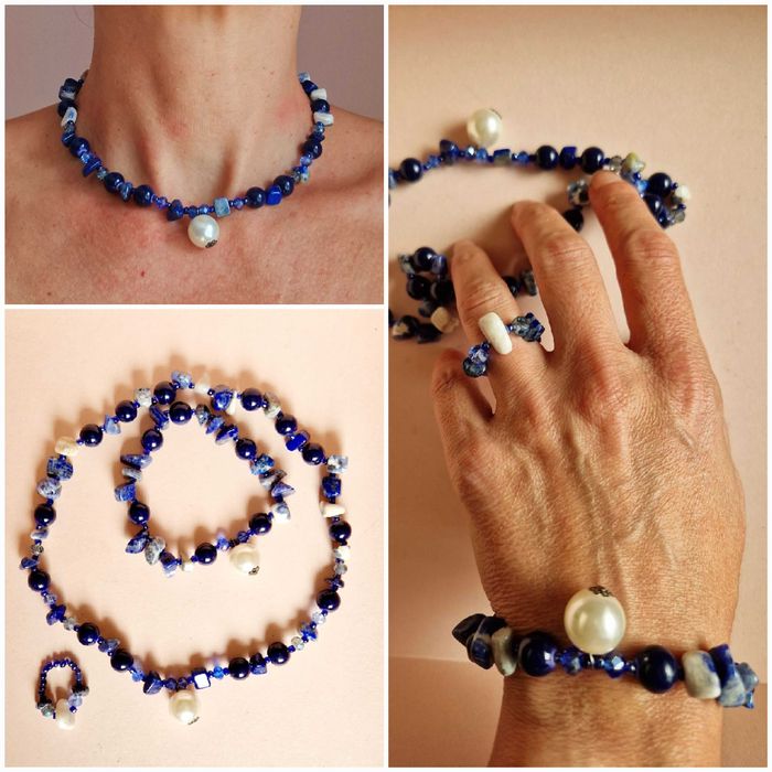 Комплект гривна и чокър (гердан)  от естествени камък, перла и кристал