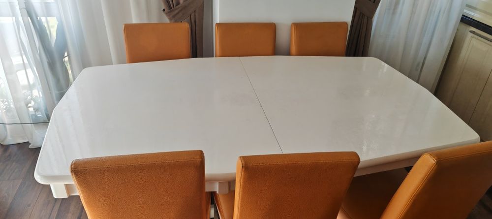 Masă living/bucătărie extensibilă albă (lemn masiv + MDF) 1.70m - 2.60m
