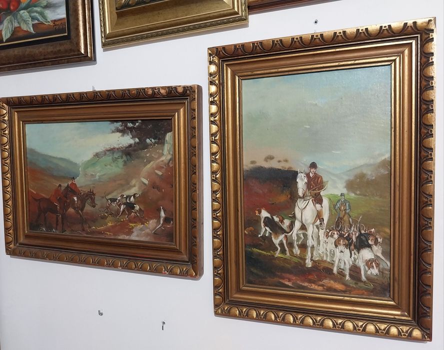 Pereche picturi vânătoare – semnate F. Medina – ulei pe placaj