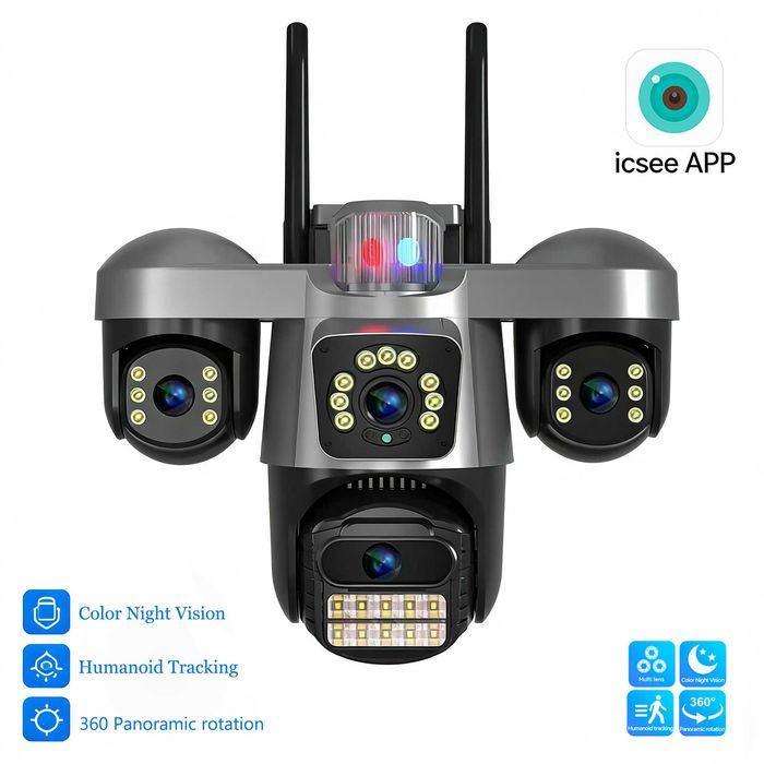 Външна Wifi камера с 4 лещи въртящи 4х12MP/ 36 диода/ ICSEE безжична нощно виждане