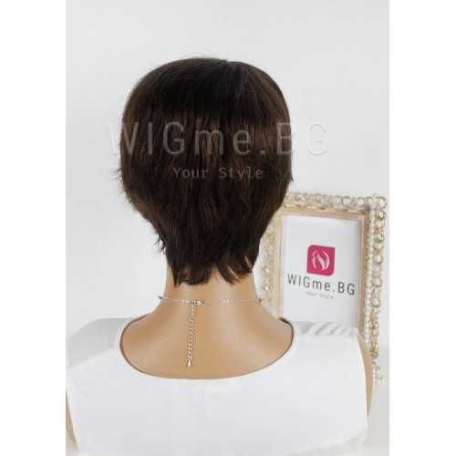 Къса тъмнокестенява перука от естествен косъм с бретон Вики