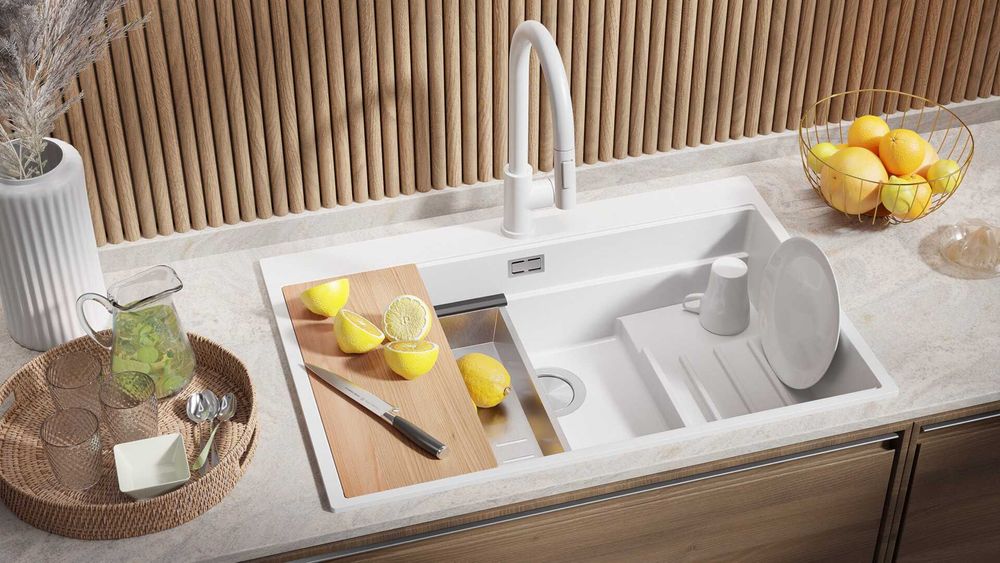 Бяла кухненска мивка от гранит Осло 80 Max Multilevel 780 x 530 mm