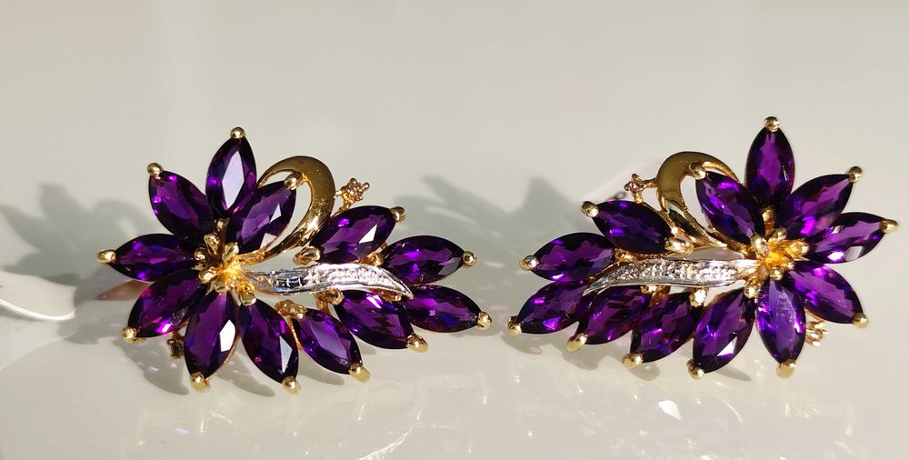 Set aur 14k inel si cerceii cu Amethyst si Diamante