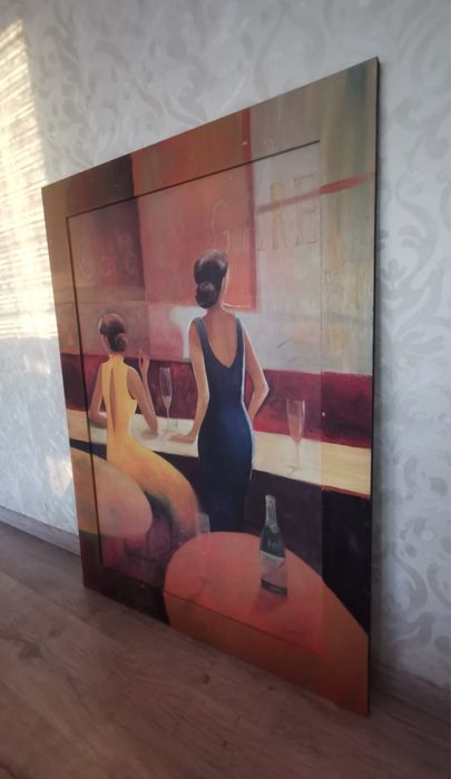 Антикварна картина две жени в кафене голяма в рамка без паспарту