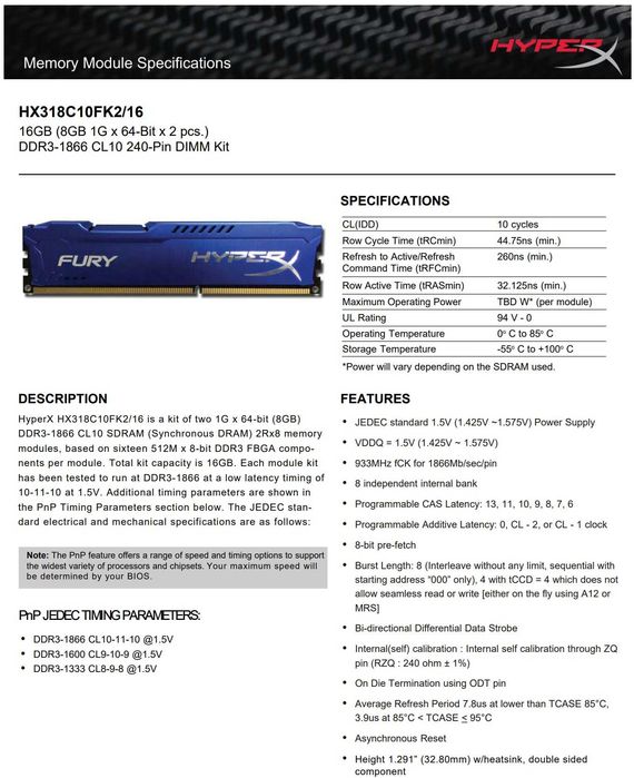 RAM 16GB 2x8gb Kingston HyperX Fury 1866Mhz DDR3