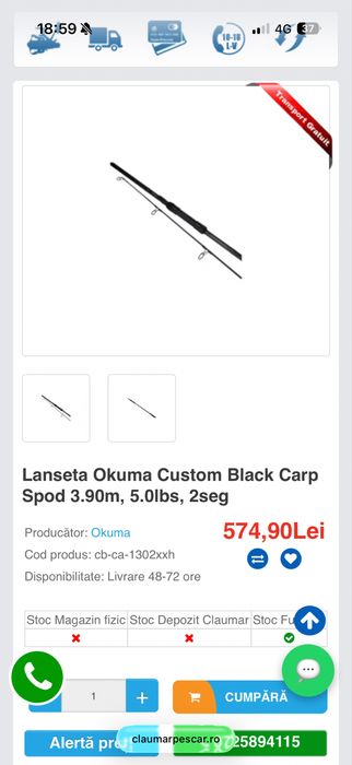 Lanseta Okuma Custom Black Carp Spod 3.90m, 5.0lbs, 2seg