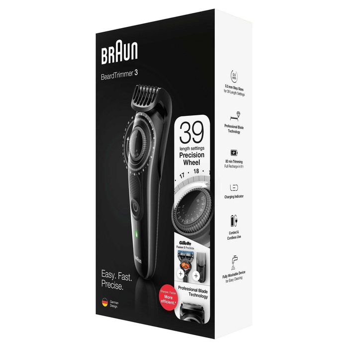 Aparat de tuns barba Braun Beard Trimmer BT3242 Wet&Dry, buton rotativ de precizie, 2 piepteni, Aparat de ras Gillette, Negru/Albastru - Braun