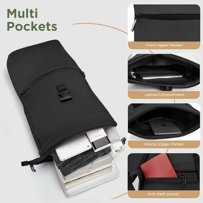 Rucsac roll top waterproof 18-27L laptop 17.3 inch din piele PU negru pentru travel scoala business