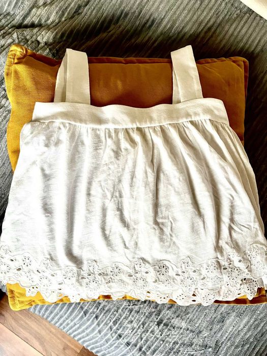 Top Crop Bretele H&M Alb Dantela Brodata XS 100% Bumbac