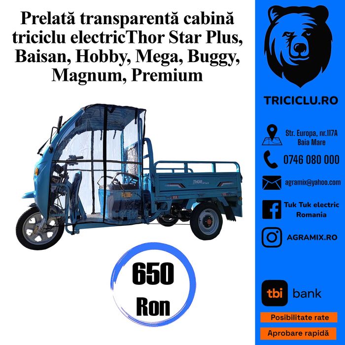 Triciclu electric Thor MEGAPlus 1500W cu cabina nou Agramix