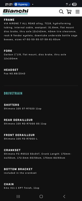 Bicicleta bianchi via nirone 7 marimea 47