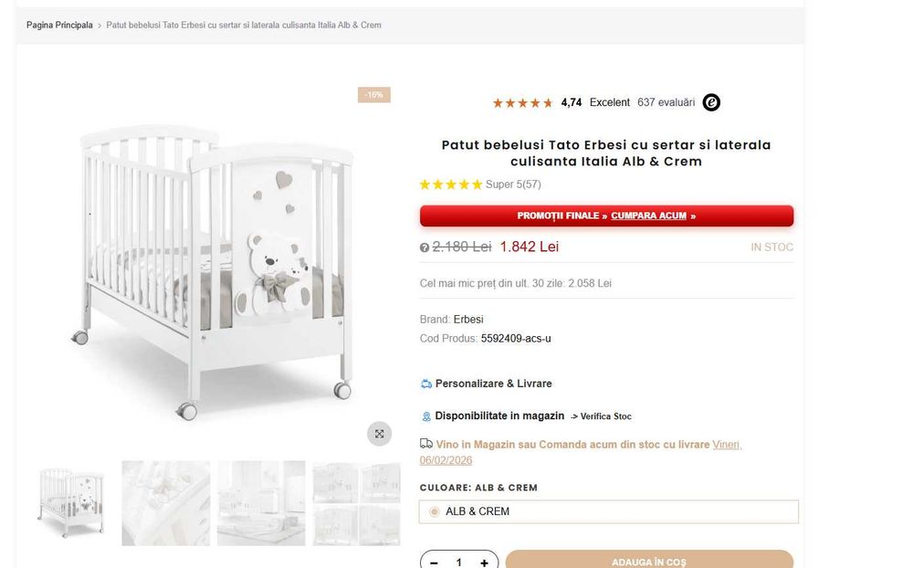 Pătuț din lemn masiv Erbesi Tato Italia, stare excelentă