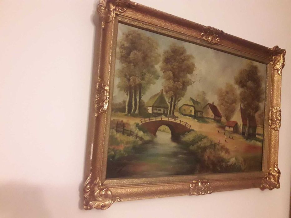 Tablou pictura pe panza semnat rama din lemn deosebita vintage