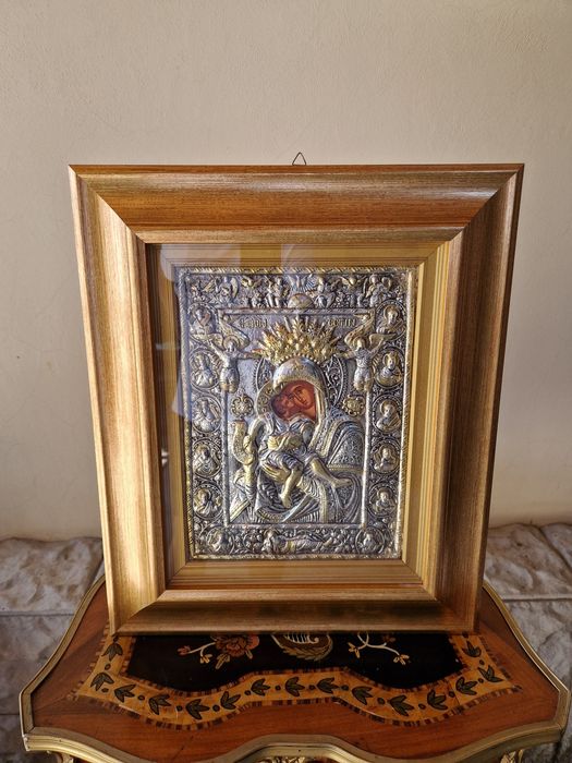 Прекрасна голяма антикварна сребърна икона сертификат маркировки