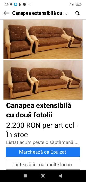 Canapea extensibila cu 2 fotolii