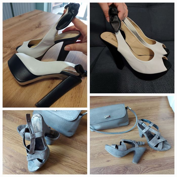 Сандали на висок ток, сиви 37 номер, черни и бели 40 номер.